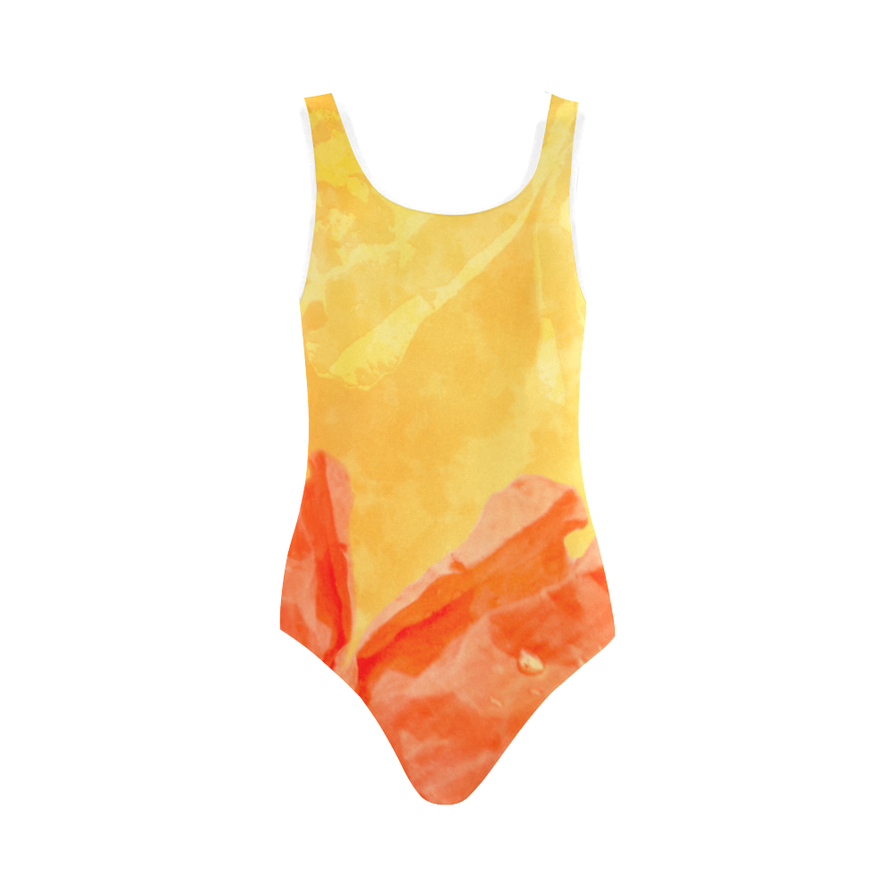 Poppy Summer Red Gold Art Design Vest One Piece Swimsuit (Model S04)