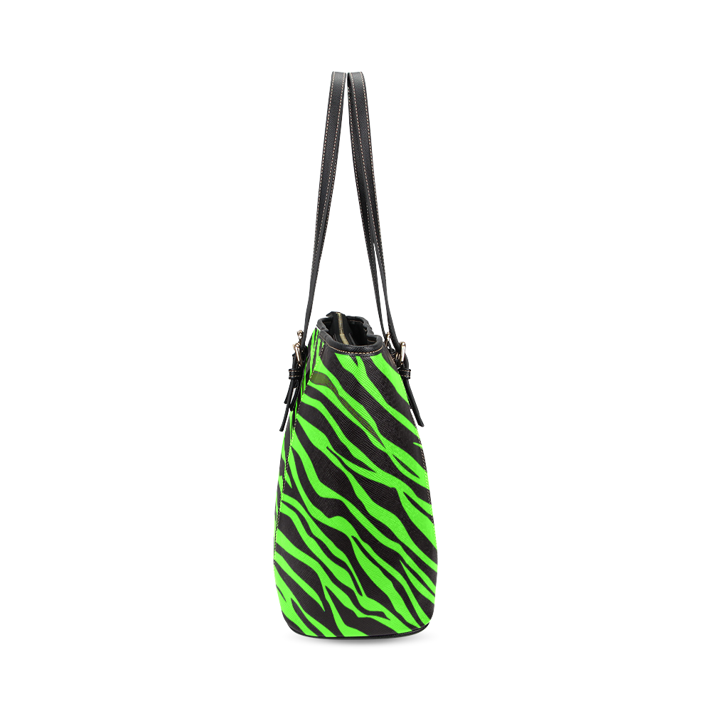 Neon Green Zebra Stripes Leather Tote Bag/Large (Model 1640)