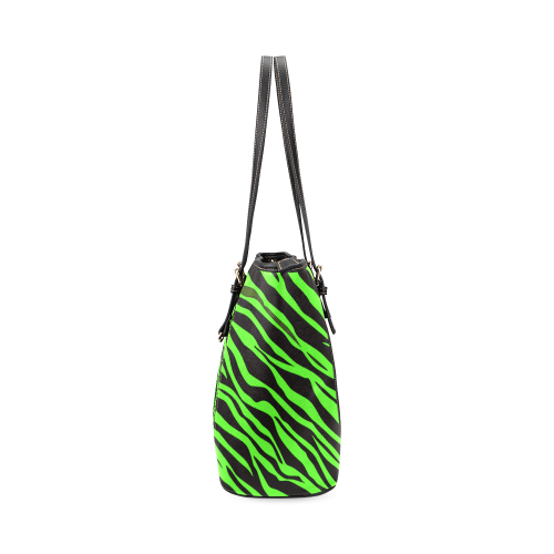 Neon Green Zebra Stripes Leather Tote Bag/Large (Model 1640)