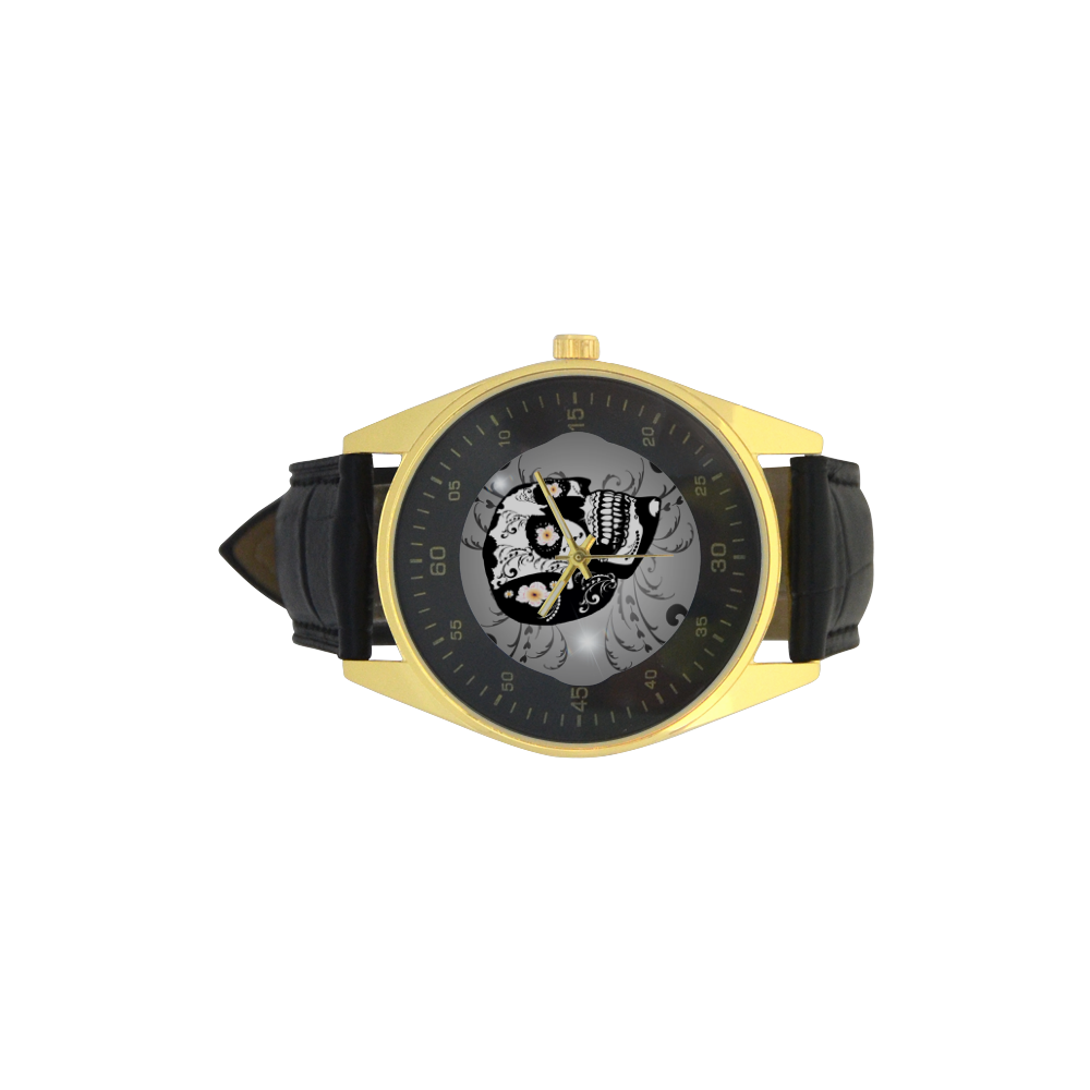 Wonderful sugar skull in black and white Men's Golden Leather Strap Watch(Model 210)