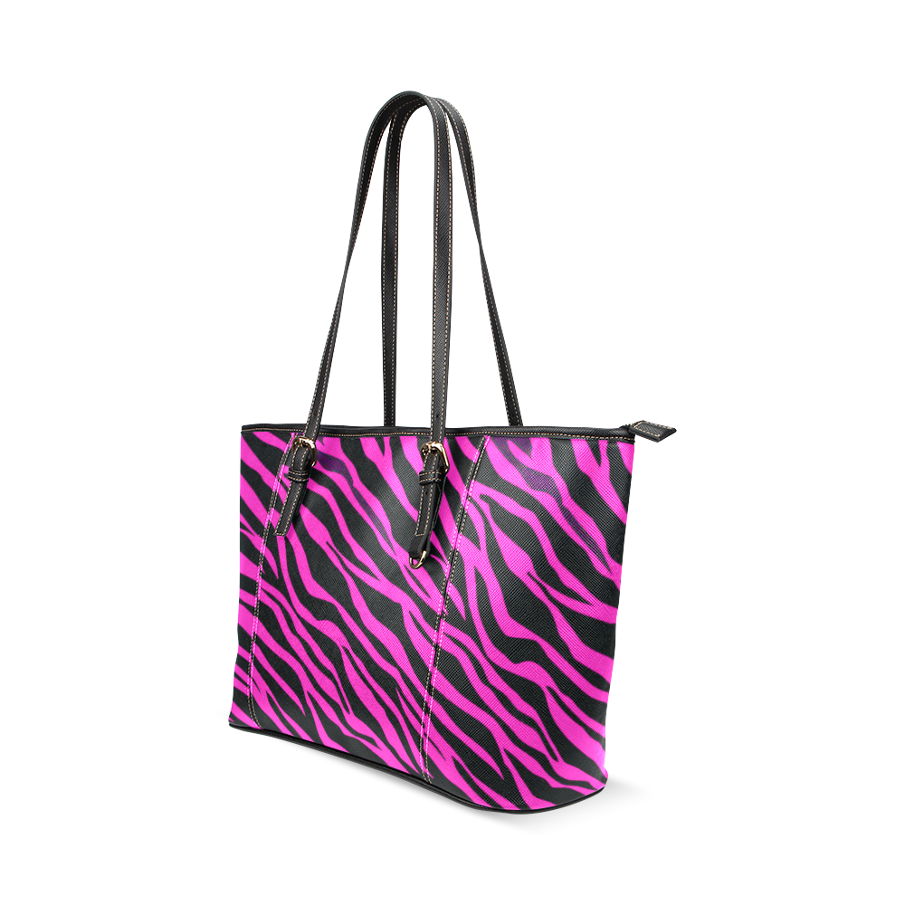 Hot Pink Zebra Stripes Leather Tote Bag/Large (Model 1640) | ID: D387763