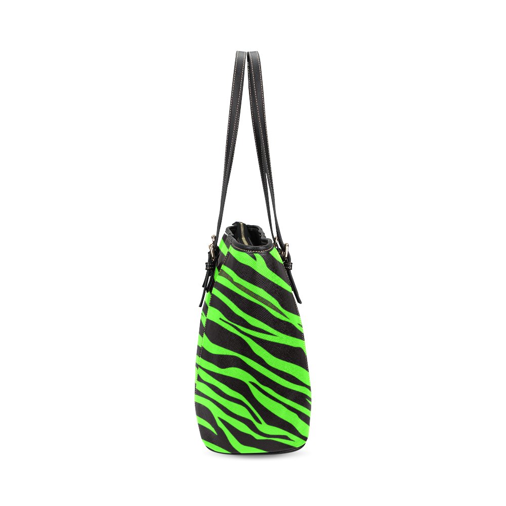 Neon Green Zebra Stripes Leather Tote Bag/Small (Model 1640)