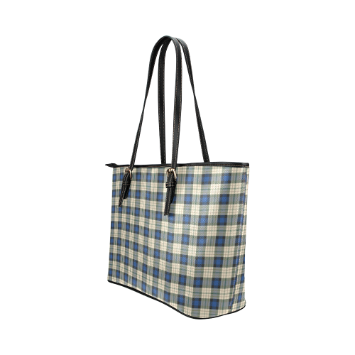 Classic Tartan Squares Fabric - blue beige Leather Tote Bag/Small (Model 1651)