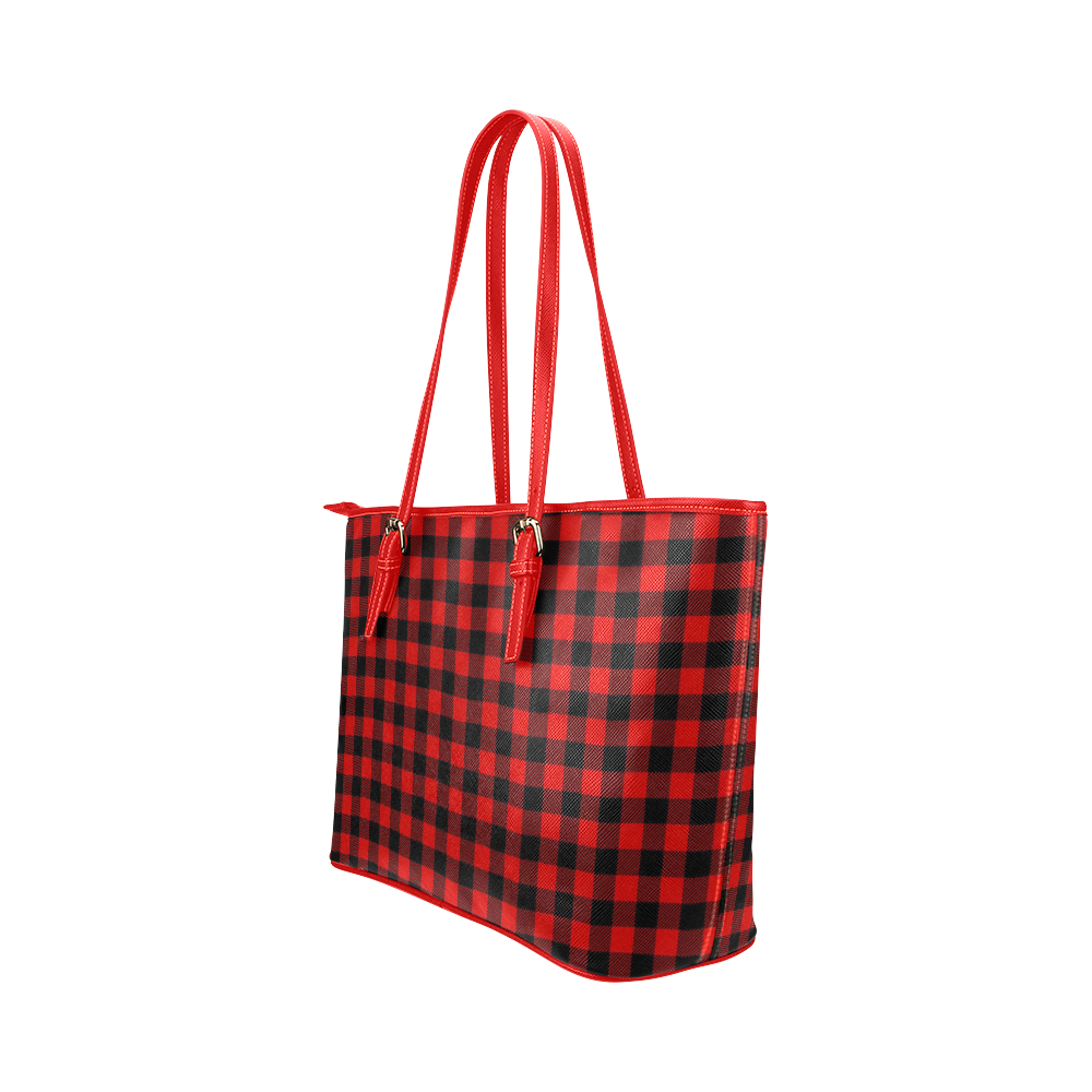 LUMBERJACK Squares Fabric - red black Leather Tote Bag/Large (Model 1651)