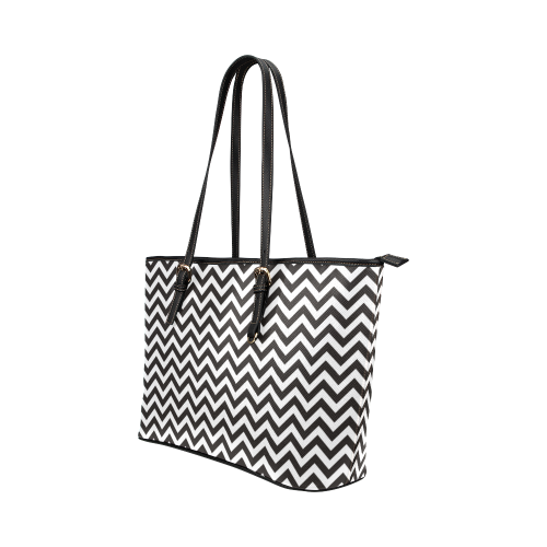 HIPSTER zigzag chevron pattern black & white Leather Tote Bag/Small (Model 1651)