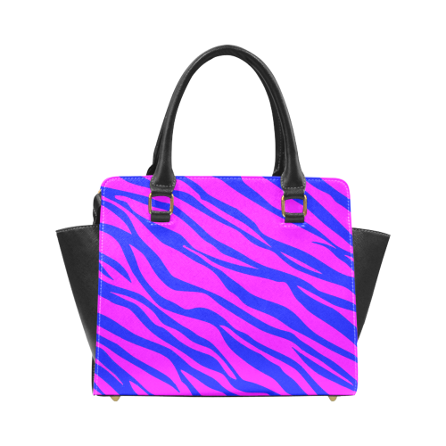 Hot Pink Blue Zebra Stripes Rivet Shoulder Handbag (Model 1645)