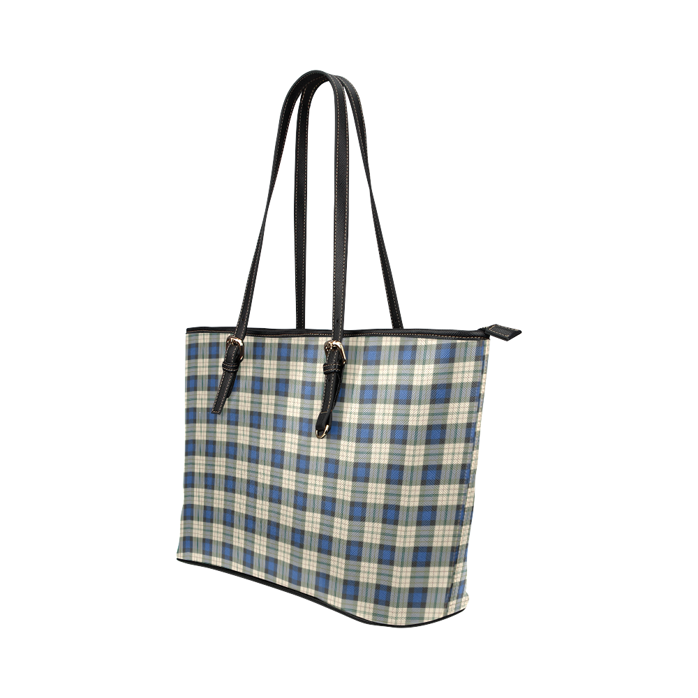 Classic Tartan Squares Fabric - blue beige Leather Tote Bag/Small (Model 1651)