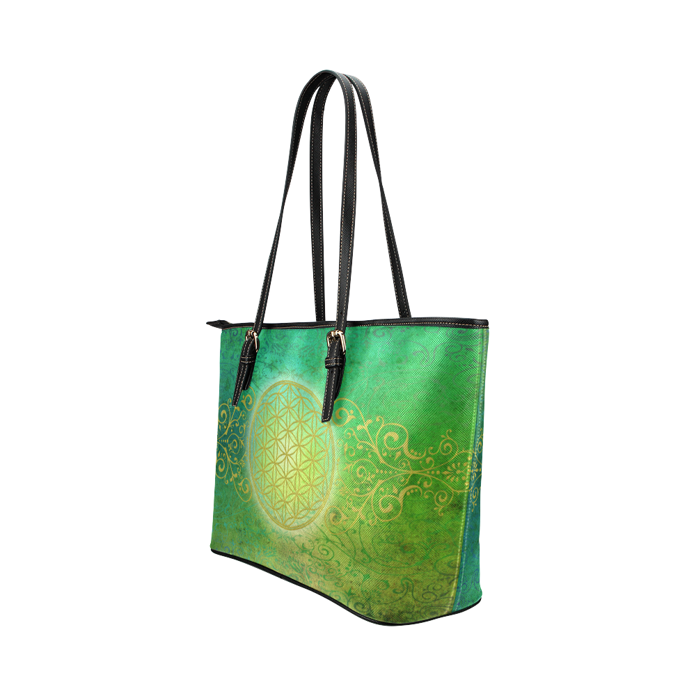 Symbol FLOWER OF LIFE vintage gold green Leather Tote Bag/Small (Model 1651)