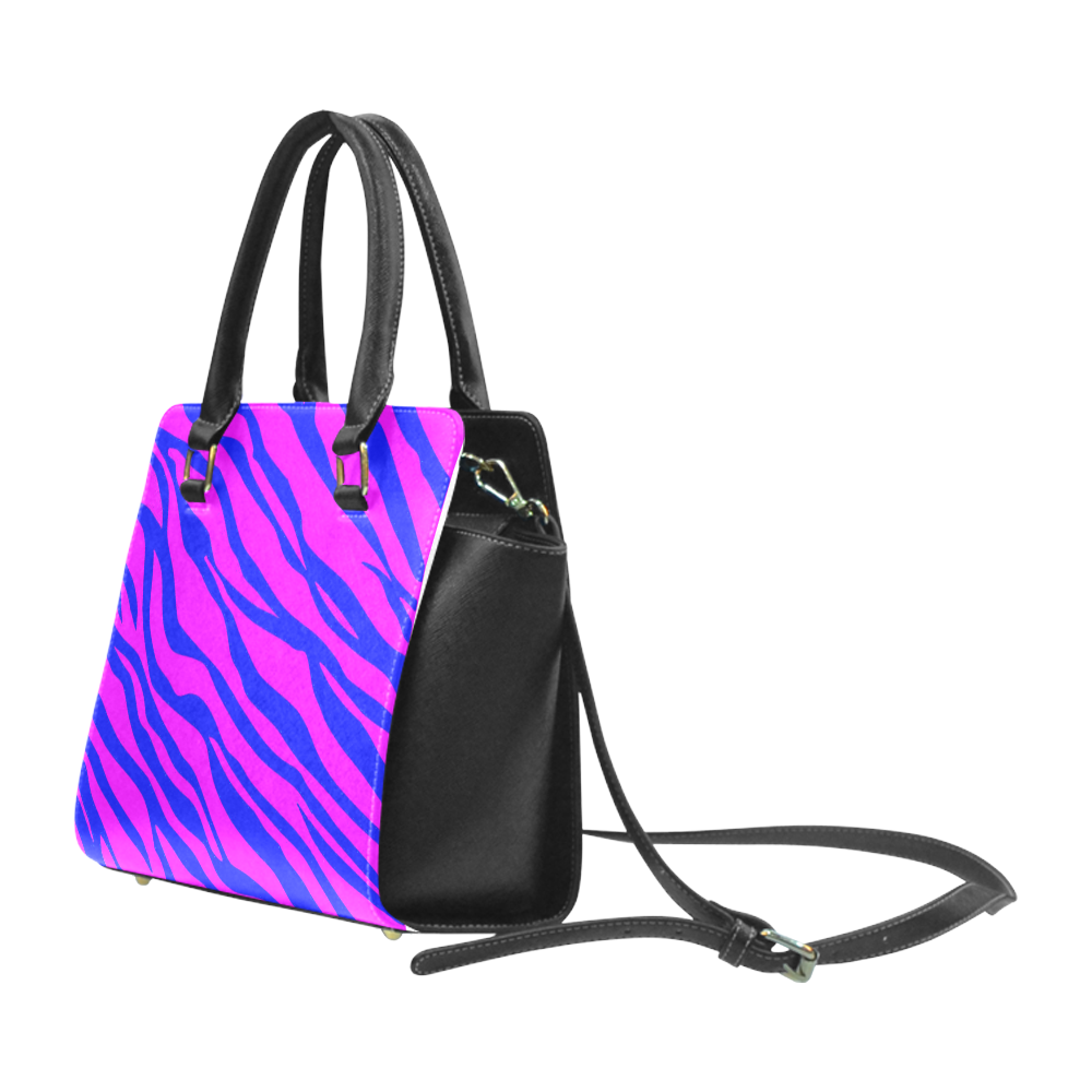 Hot Pink Blue Zebra Stripes Rivet Shoulder Handbag (Model 1645)