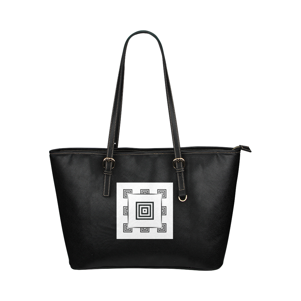 Solid Squares Frame Mosaic Black & White Leather Tote Bag/Small (Model 1651)