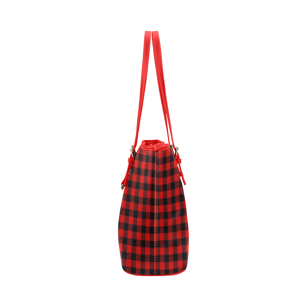 LUMBERJACK Squares Fabric - red black Leather Tote Bag/Small (Model 1651)