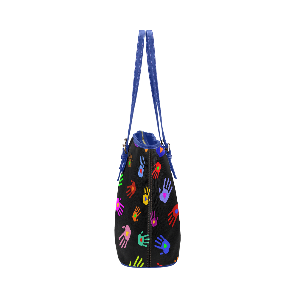 Multicolored HANDS with HEARTS love pattern Leather Tote Bag/Small (Model 1651)