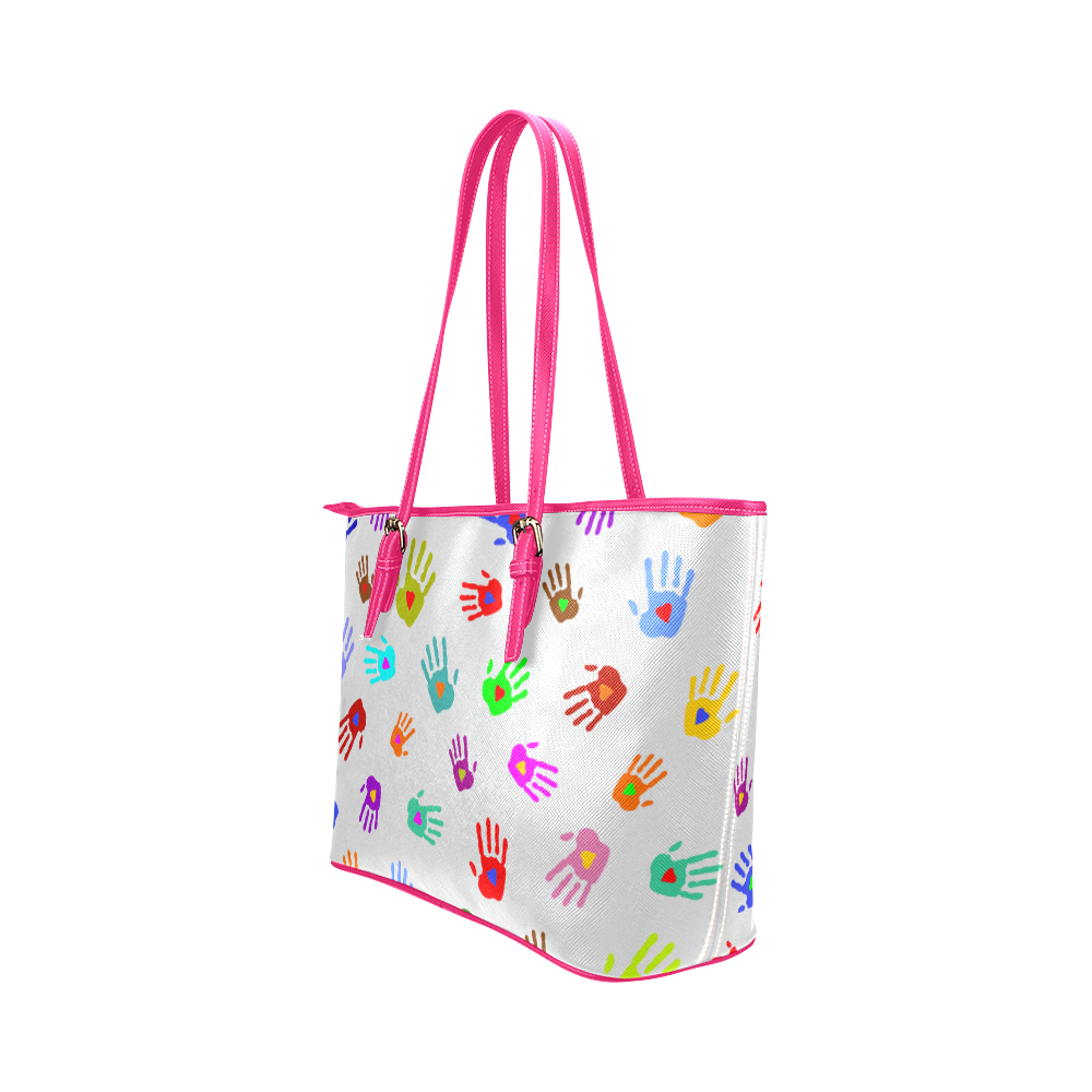 Multicolored HANDS with HEARTS love pattern Leather Tote Bag/Small (Model 1651)
