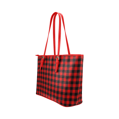 LUMBERJACK Squares Fabric - red black Leather Tote Bag/Small (Model 1651)