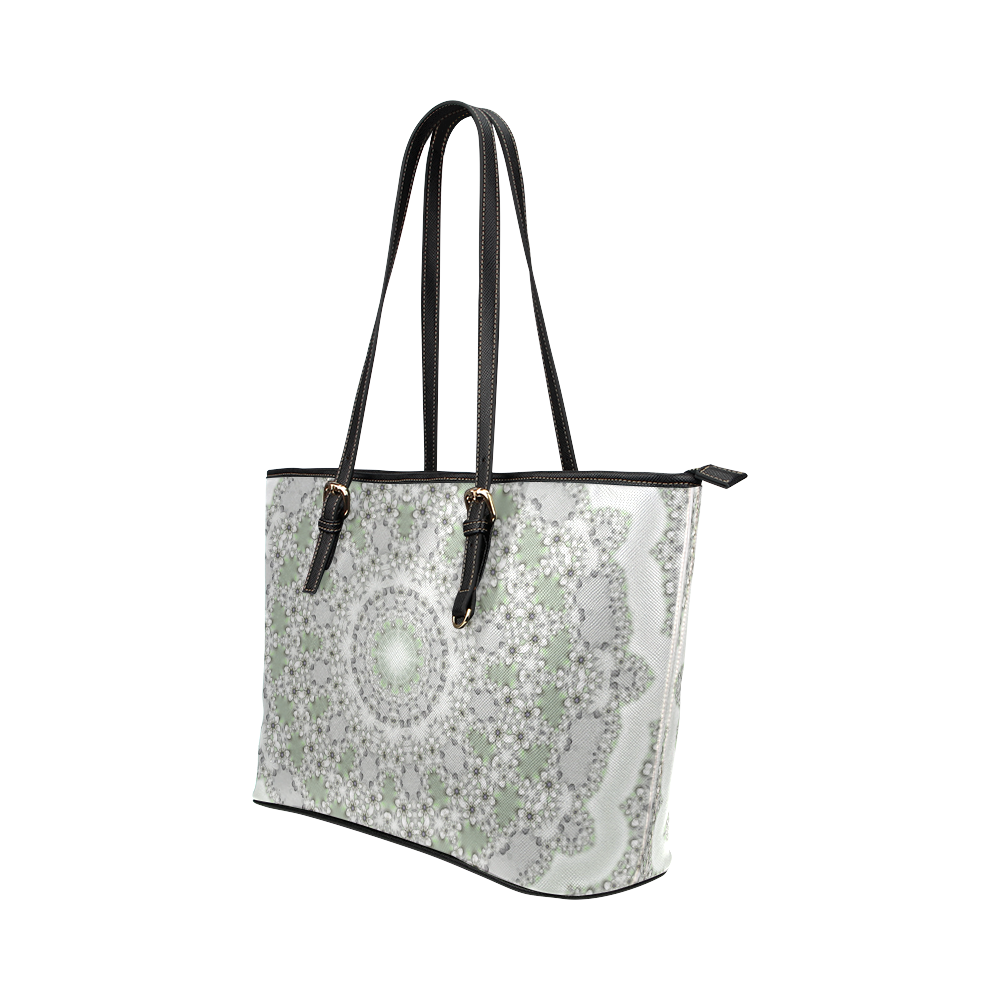Kaleidoscope Fractal Mandala Frame Grey Green Leather Tote Bag/Small (Model 1651)