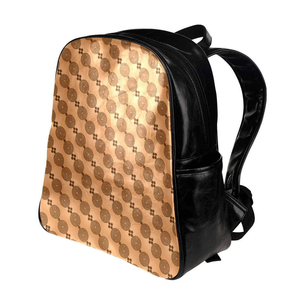 Brown Chocolate Wheels Pattern Multi-Pockets Backpack (Model 1636)