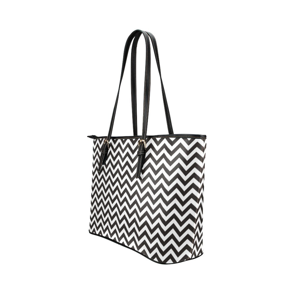 HIPSTER zigzag chevron pattern black & white Leather Tote Bag/Small (Model 1651)