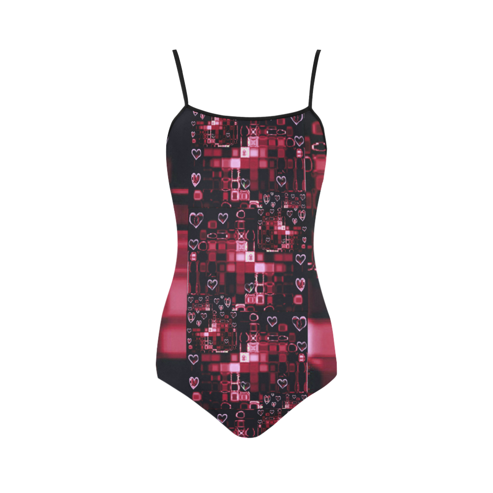 Digital Hearts on Dark Reds Strap Swimsuit ( Model S05)