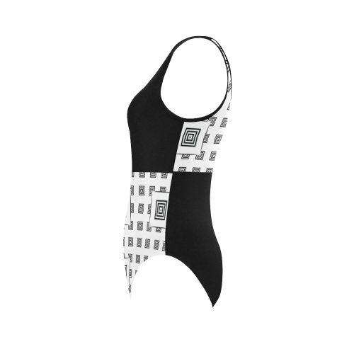 Solid Squares Frame Mosaic Black & White Vest One Piece Swimsuit (Model S04)