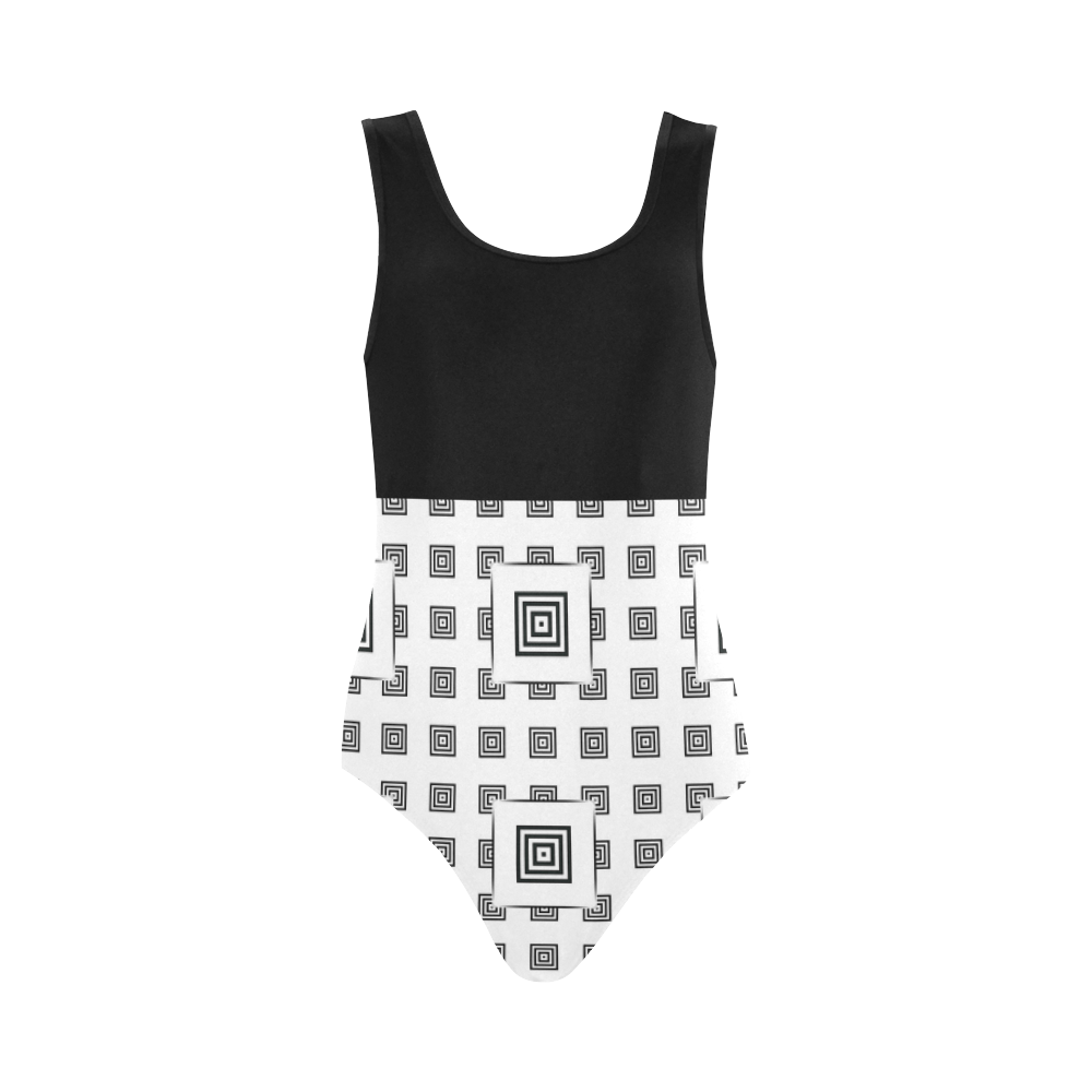 Solid Squares Frame Mosaic Black & White Vest One Piece Swimsuit (Model S04)