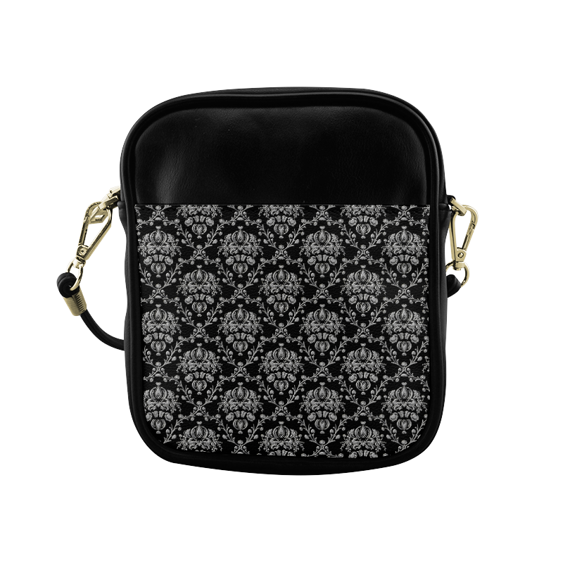 Black and Silver Damask Sling Bag (Model 1627)