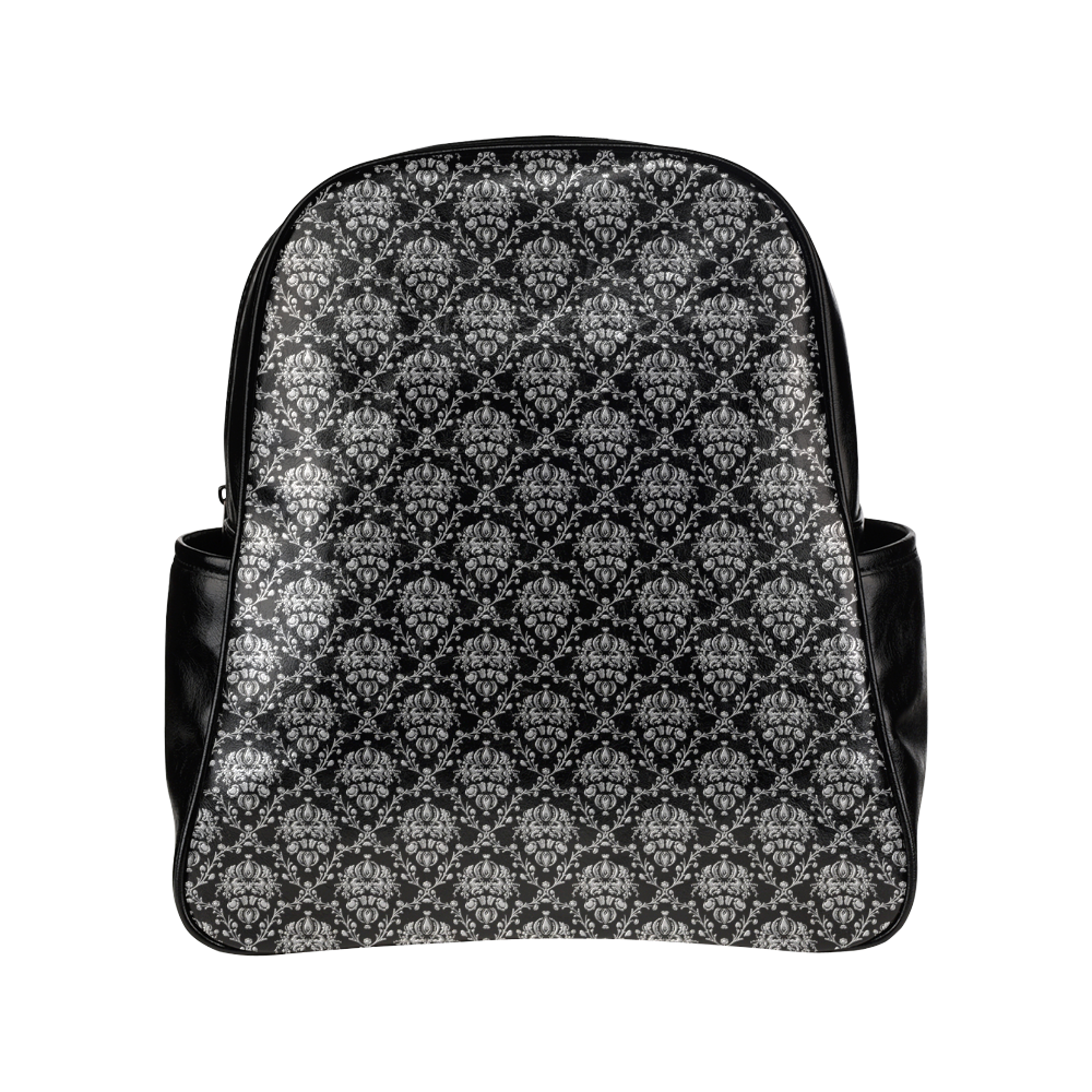 Black and Silver Damask Multi-Pockets Backpack (Model 1636)