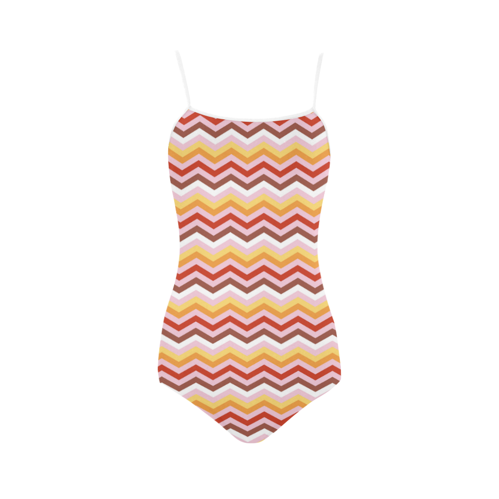 Orange Red White trendy Modern Zig Zag Chevron Strap Swimsuit ( Model S05)