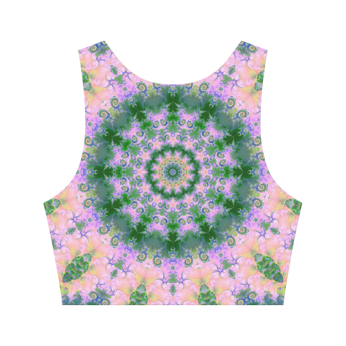 Rose Pink Green Explosion of Flowers Mandala Women's Crop Top (Model T42)