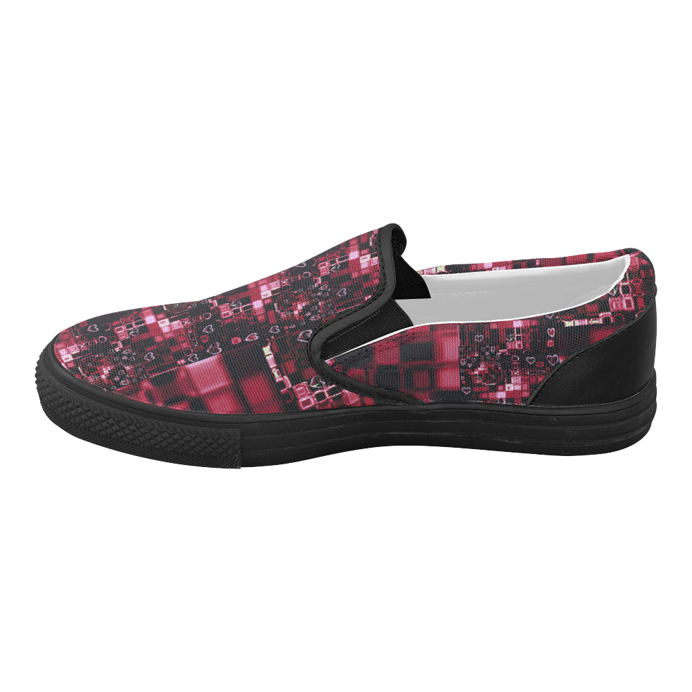 Digital Hearts on Dark Reds Women's Slip-on Canvas Shoes (Model 019)