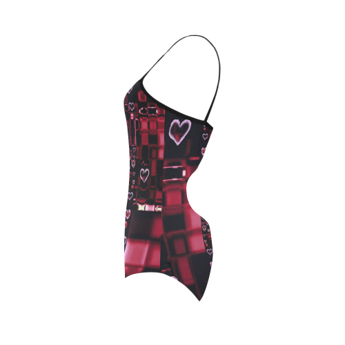 Digital Hearts on Dark Reds Strap Swimsuit ( Model S05)