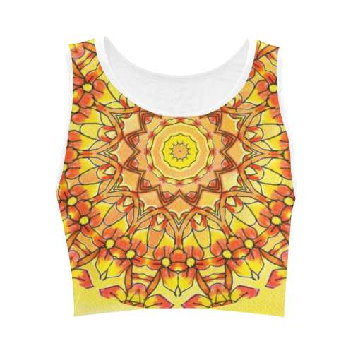 Orange Yellow Sunflower Mandala Red Zendoodle Women's Crop Top (Model T42)