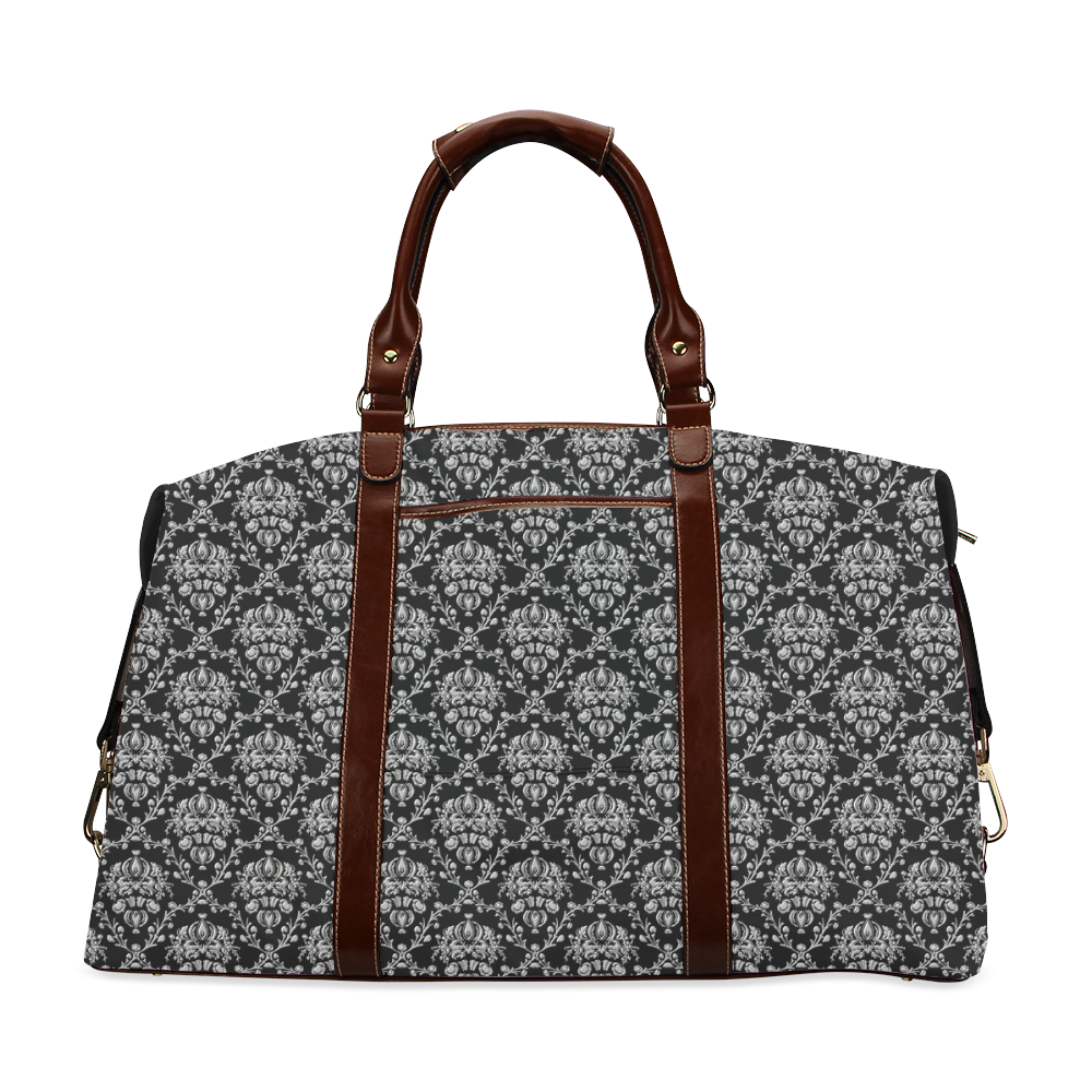 Vintage Look Black and Silver Damask Classic Travel Bag (Model 1643)