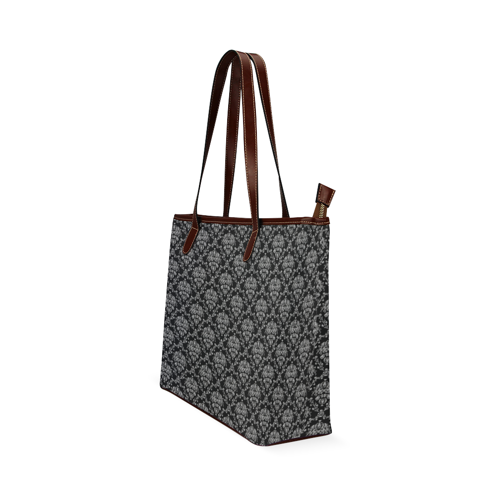 Black and Silver Damask Shoulder Tote Bag (Model 1646)