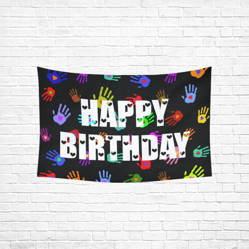Multicolored HANDS with HEARTS love pattern + HAPPY BIRTHDAY Cotton Linen Wall Tapestry 60"x 40"