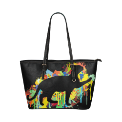 Lovely Cat Colorful Splash Red Green Blue Black Leather Tote Bag/Large (Model 1651)