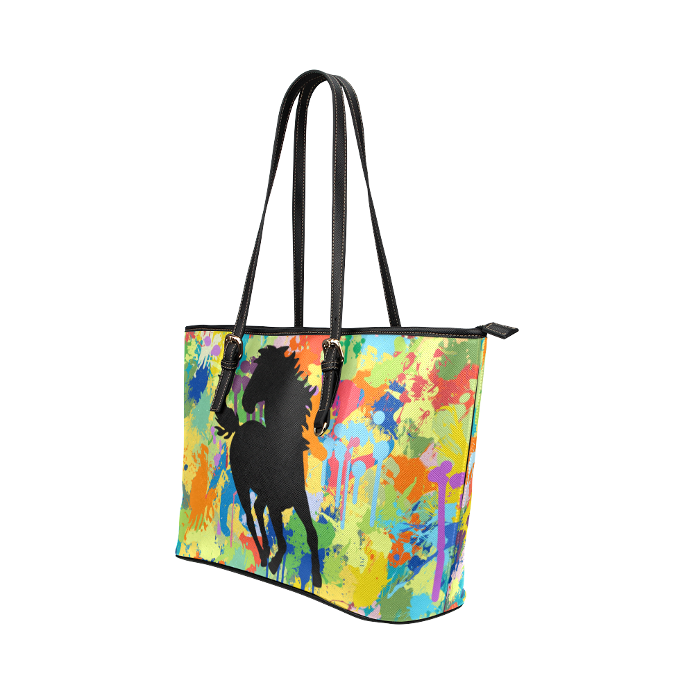 Horse Black Shape Template Colorful Splat Leather Tote Bag/Large (Model 1651)