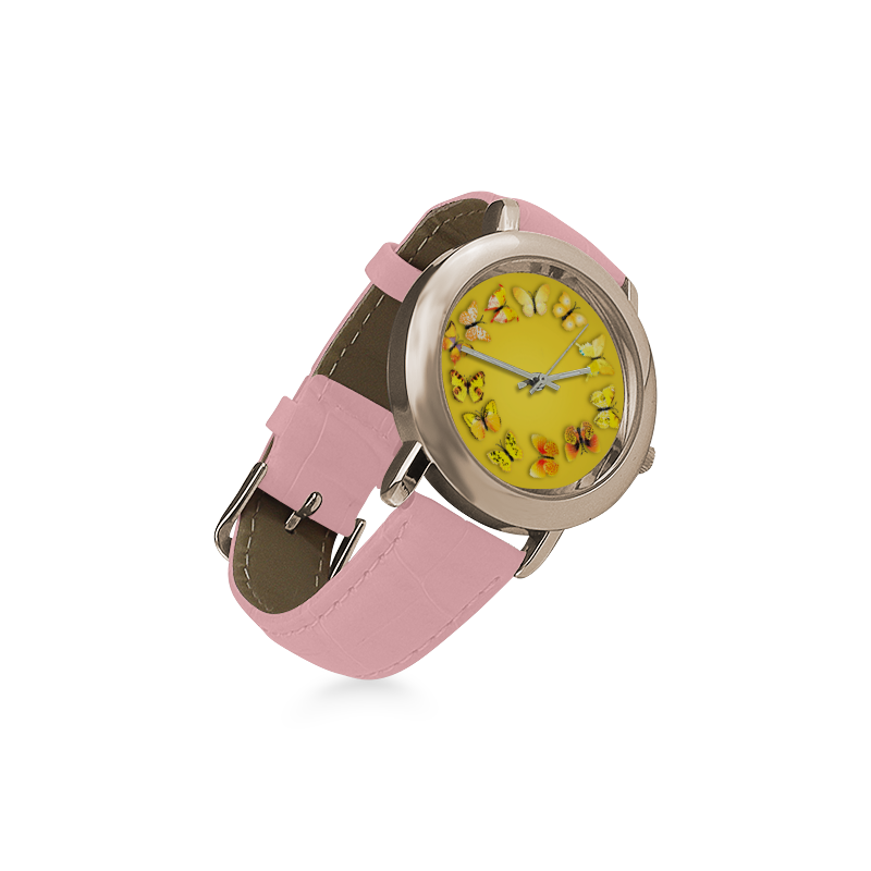 Novelty Yellow Butterflies Women's Rose Gold Leather Strap Watch(Model 201)