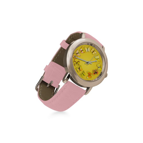 Novelty Yellow Butterflies Women's Rose Gold Leather Strap Watch(Model 201)