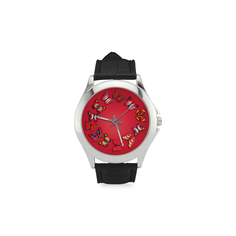 Novelty Red Butterflies Women's Classic Leather Strap Watch(Model 203)