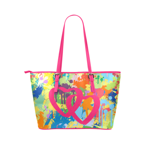 Love Pink Hearts Colorful Splat Design Leather Tote Bag/Large (Model 1651)