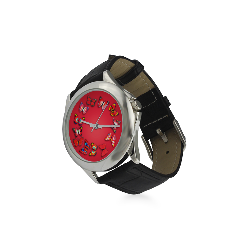 Novelty Red Butterflies Women's Classic Leather Strap Watch(Model 203)
