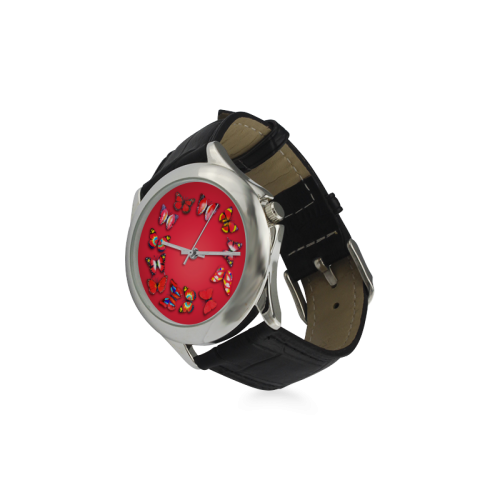 Novelty Red Butterflies Women's Classic Leather Strap Watch(Model 203)