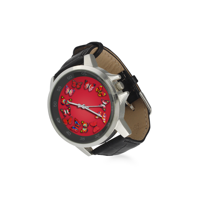 Novelty Red Butterflies Unisex Stainless Steel Leather Strap Watch(Model 202)