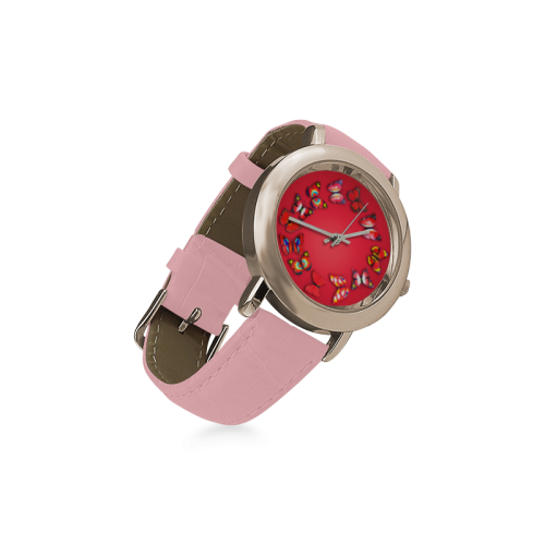 Novelty Red Butterflies Women's Rose Gold Leather Strap Watch(Model 201)