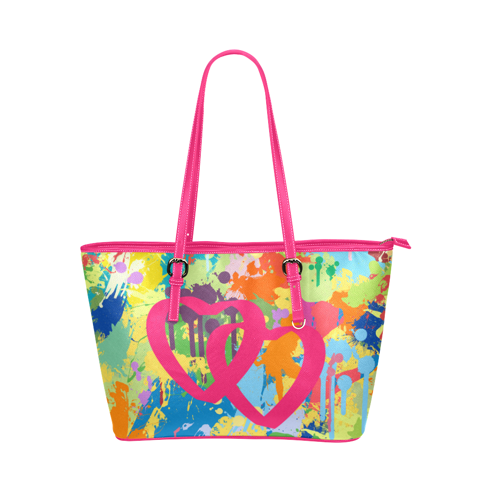 Love Pink Hearts Colorful Splat Design Leather Tote Bag/Large (Model 1651)