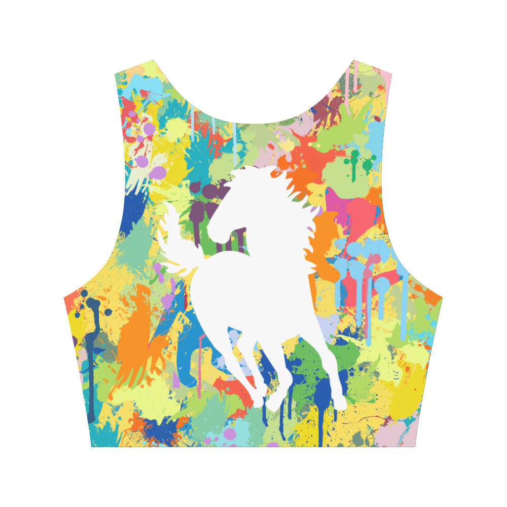 White Horse Shape Backside Colorful Splat Women's Crop Top (Model T42)