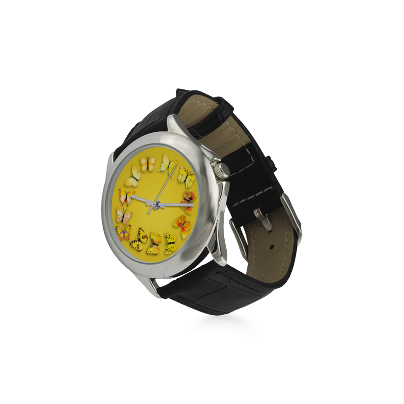 Novelty Yellow Butterflies Women's Classic Leather Strap Watch(Model 203)