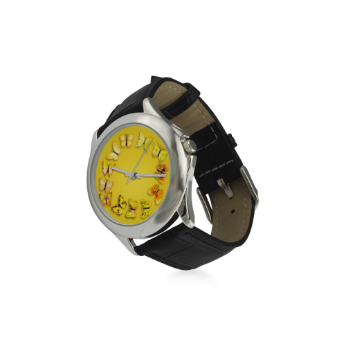 Novelty Yellow Butterflies Women's Classic Leather Strap Watch(Model 203)