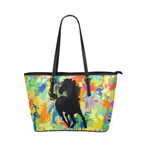 Horse Black Shape Template Colorful Splat Leather Tote Bag/Large (Model 1651)