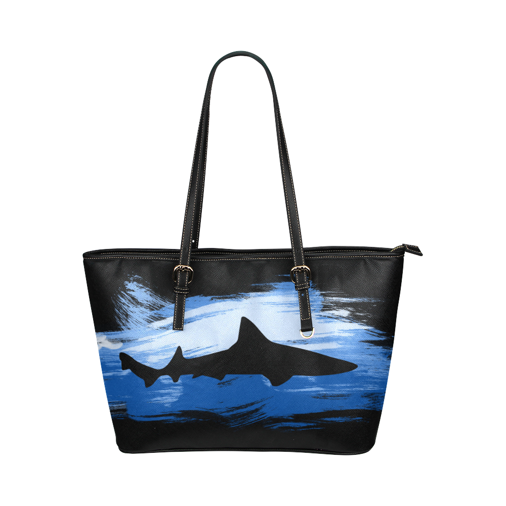 Shark Shape Template Blue Painting Leather Tote Bag/Large (Model 1651)